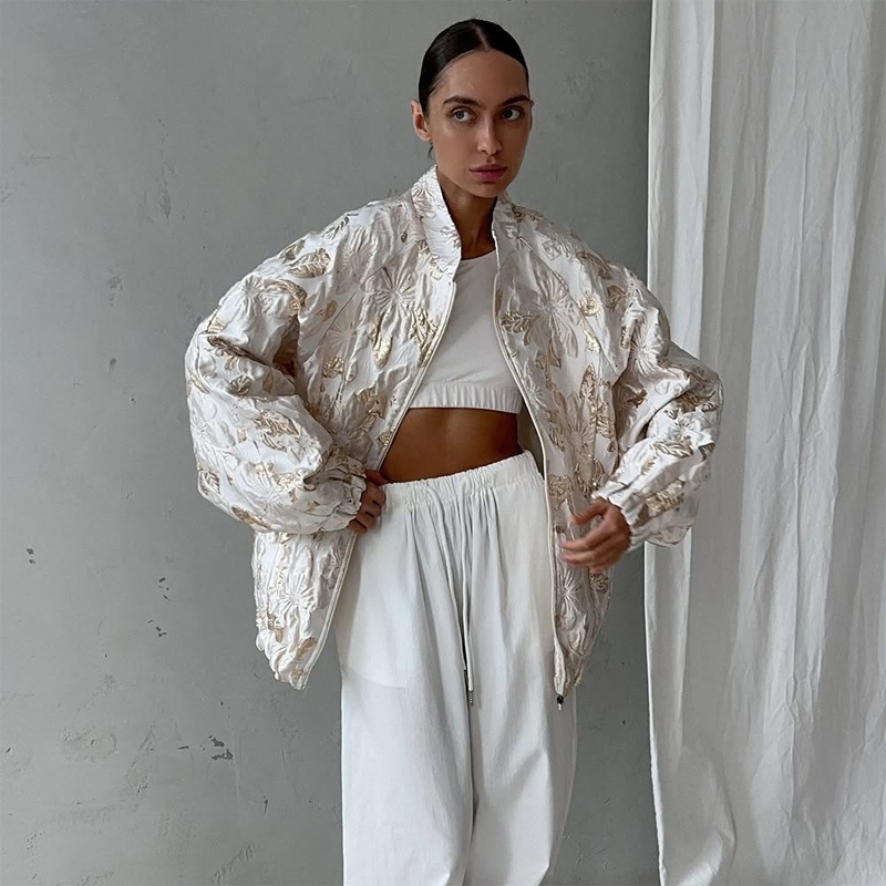 Women'S Fashion Bomber Jacket - White Gold Jacquard Floral Bomber Jacket