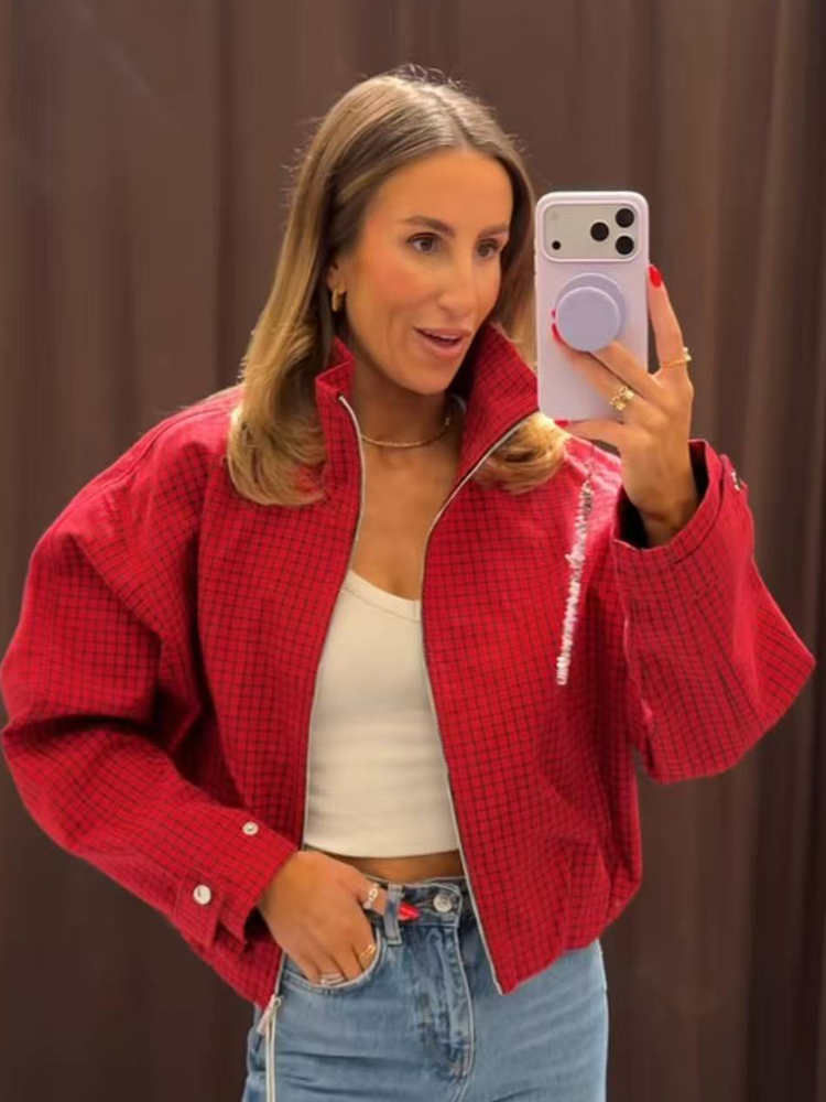 Autumn Women Plaid Bomber Jack - Women'S Fashion Bomber Jacket ulasan dan harga