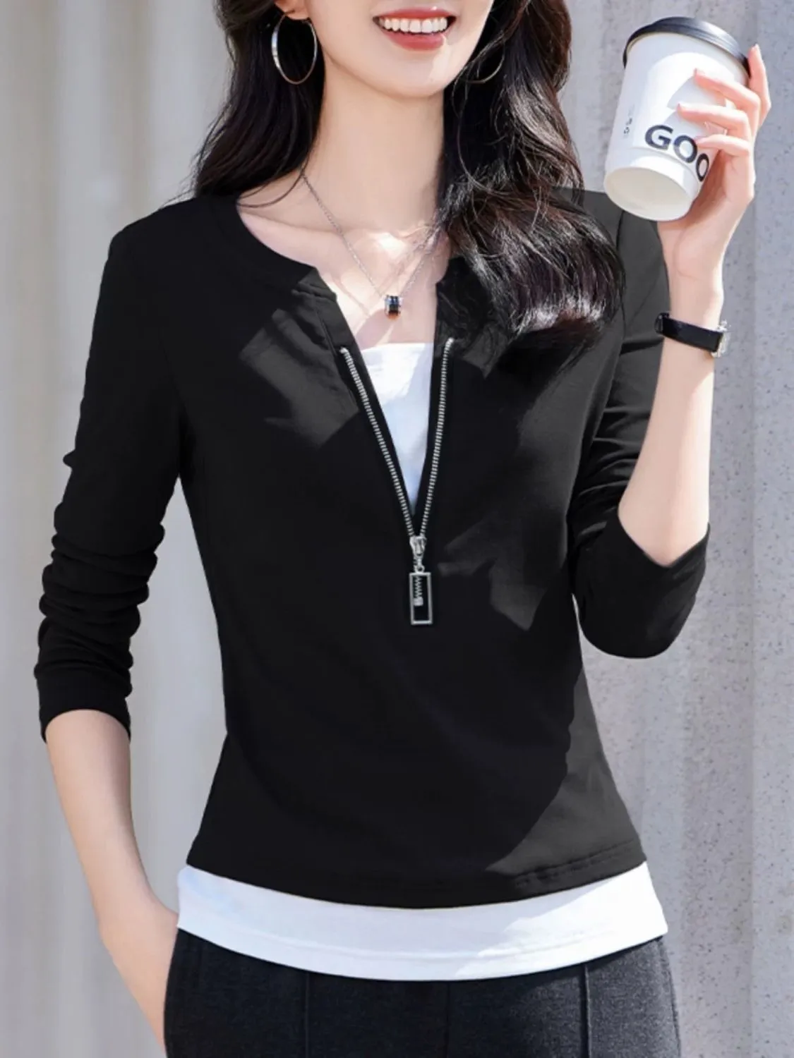 Women's Fashion V-Neck Zip Lon - Women'S Fashion Quarter Zip ulasan dan harga