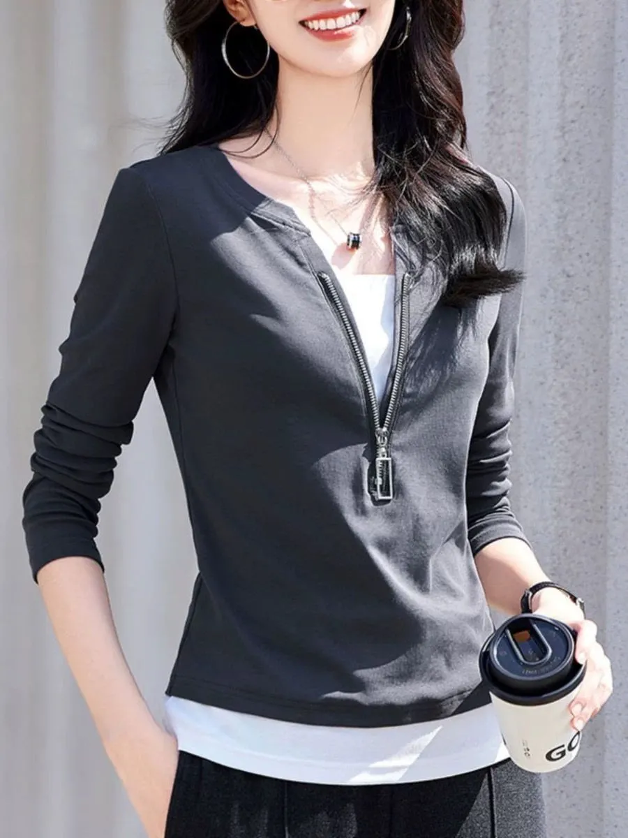 Women's Fashion V-Neck Zip Lon - Women'S Fashion Quarter Zip ulasan dan harga
