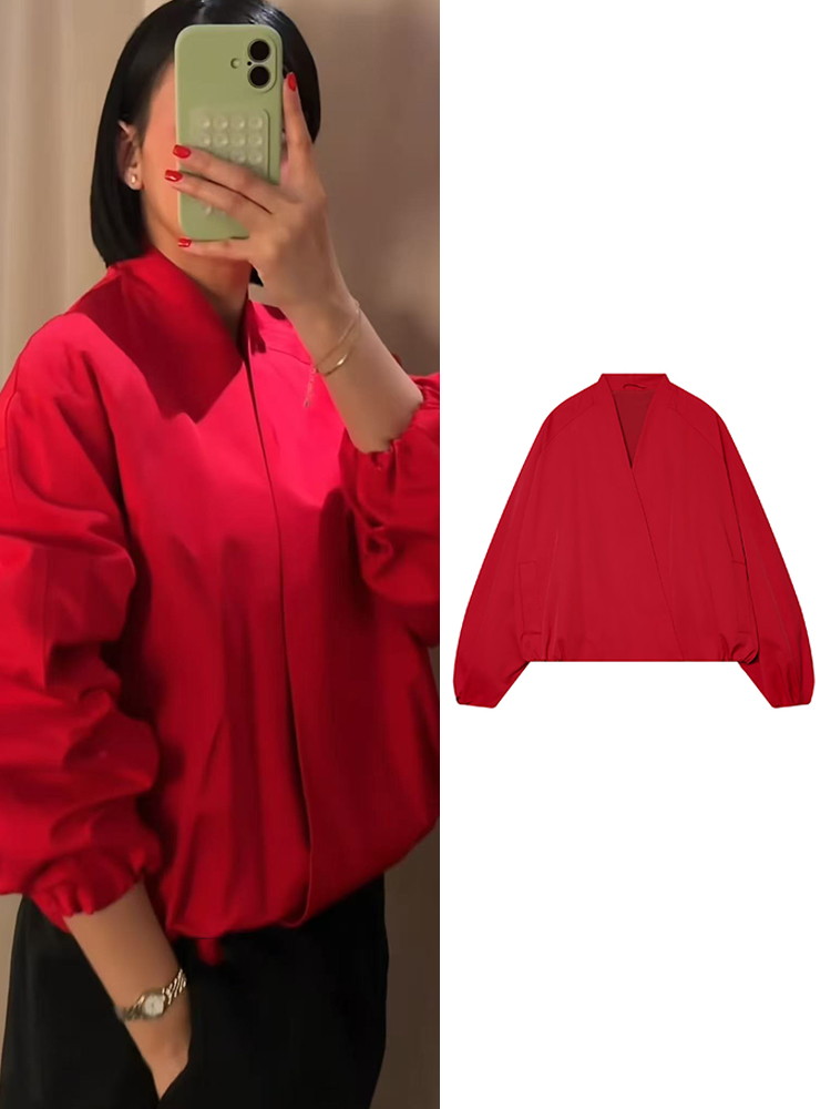 TFMLN Fashion Red Short Bomber - Women'S Fashion Bomber Jacket ulasan dan harga