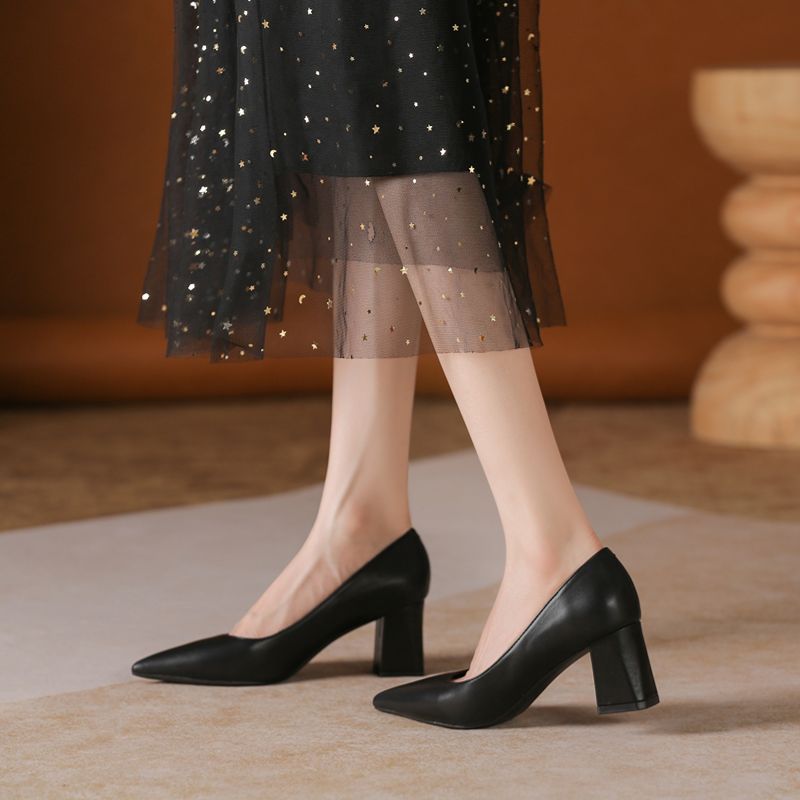 glossy thick heel pointed head - Women Fashion Model ulasan dan harga